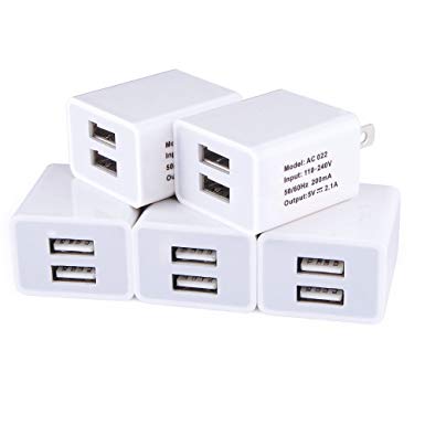 Charger Base, USB Charging Cube, FiveBox 2.1Amp Dual Port USB Wall Charger Adapter Charger Brick Plug Phone Charger Block Box for iPhone X/8/7/6/6S Plus, iPad, Samsung Galaxy S8 S7, HTC-White/5-Pack