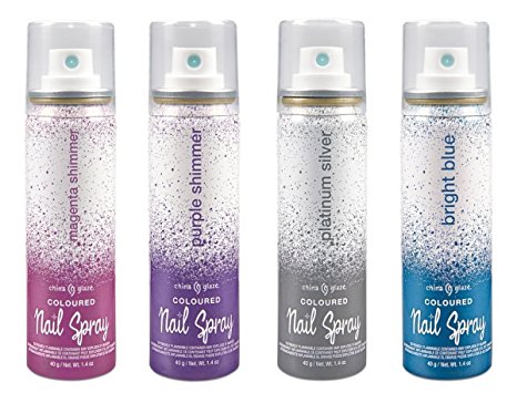 China Glaze Nail Spray Color Set ( Plantinum Silver, Bright Blue, Magenta Shimmer, Purple Shimmer)
