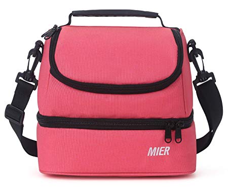 MIER 2 Compartment Small Lunch Bag for Men Women Kids Leakproof Cooler Lunch Tote with Shoulder Strap, Pink