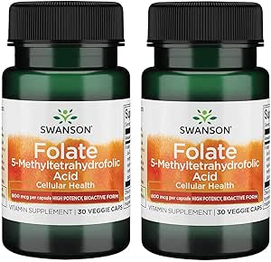 Swanson Ultra Folate 5-Methyltetrahydrofolic Acid - High Potency, Bioactive Form 800 mcg Dfe 30 Veg Caps 2 Pack