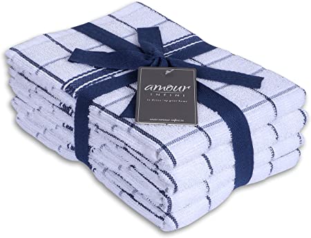 AMOUR INFINI Terry Kitchen Towels | Set of 4 | 18 x 28 Inches | Ultra Soft and Absorbent |100% Cotton Dish Towels with Hanging Loop | Perfect for Household and Commercial Uses | Blue