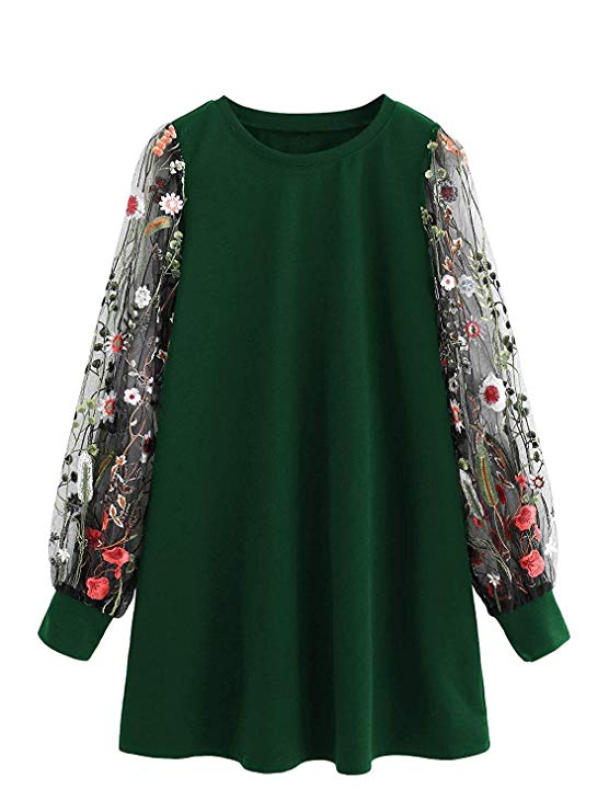 DIDK Women's Tunic Dress with Embroidered Floral Mesh Bishop Sleeve