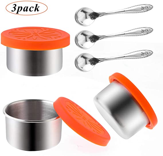 Stainless Steel Condiment Containers, 3x1.8oz Salad Dressing Container with Stainless Steel Spoon and Food-grade Leakproof Silicone Lids, Portion Control Containers for Snack, Salt, Baby Food