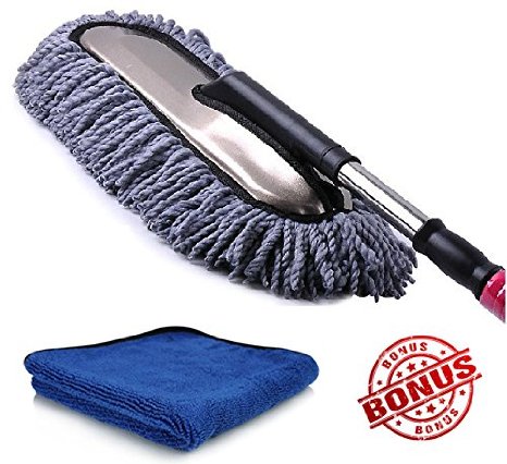 Telescopic Car and Home Cleaning Duster Brush By Janazala Including Microfiber Towel - For Exterior or Interior Use - Telescopic Extendable Handle. Car Cleaning Kit For Dust.