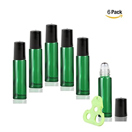 Olilia Glass Roll on Bottles with Metal Roller Balls - Essential Oils Key included 6 Pack of 10ml(1/3oz) (Green)