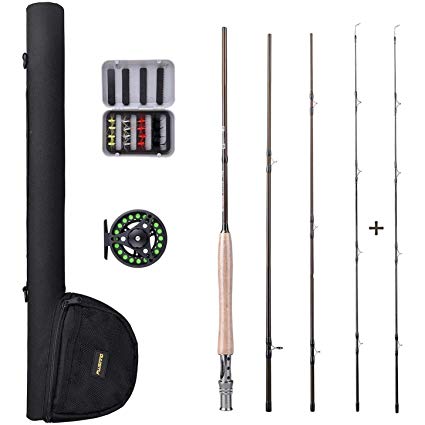 PLUSINNO Lightweight Ultra Portable Fly Fishing Rod Reel Graphite Pole Toray Carbon Fiber Blanks Chromed Stainless Steel Snake Guides 4-Piece Rod Case (5-6#)