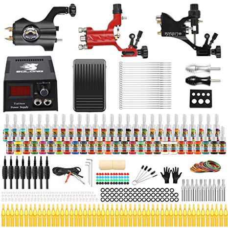 Solong Tattoo Complete Tattoo Kit 3 Pro Rotary Machine Guns 54 Inks Power Supply Foot Pedal Needles Grips Tips TK355