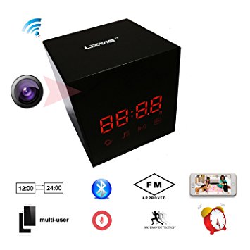 Hidden Spy Camera Wireless Network Nanny Camera Smart Clock WiFi Fluent Video Recorder with Enhanced Night Vision,Two Way Audio,Motion Detection,Bluetooth,FM Radio,12&24 Hour Alarm Clock,Black