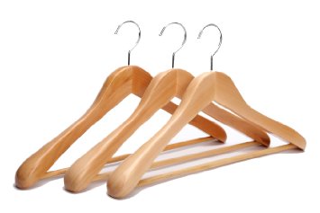 J.S. Hanger Extra Wide Rounded Shoulder Wooden Suit Hangers Natural Finish with Non-slip Bar, 3 Pack