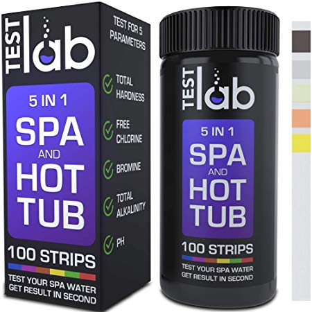 Hot Tub Testing Strips 5 in 1 - Pool & Spa Chlorine Water Quality Test Kit - Bromine Test Strips for Hot Tubs - 100 Professional Strip Pack