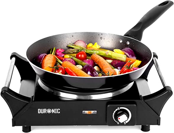 AYOGU1 Duronic Hot Plate HP1BK | for Table-Top Cooking | 1500W | Black Steel Electric Single Hob with Handles | 1 Cast Iron Portable Hob Ring | for Warming, Cooking, Boiling, Frying, Simmering