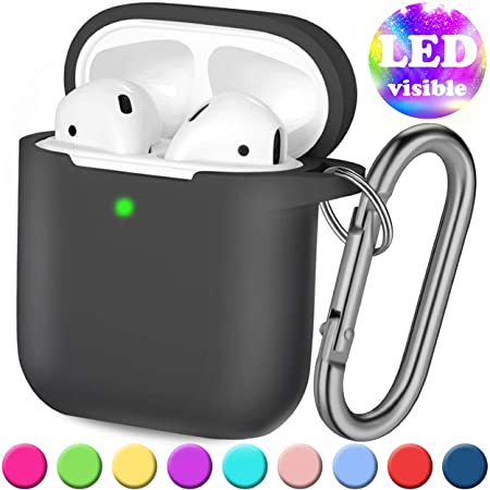Henva Cover Designed for AirPods Case (Front LED Visible), Silicone Protective Cases Skin Compatible with AirPods 2 & 1 Wireless Charging Case, Women, Men, with Keychain, Black