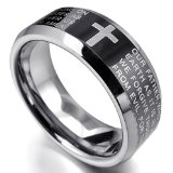 Mens Tungsten Ring Band Black Silver Comfort Fit Cross English Bible Lords Prayer Vintage Polished