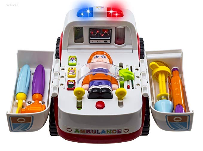 Ambulance Rescue Vehicle Doctors Set - WISHTIME Pretend Play Toy Rescue Vehicle Bump and Go with Various Medical Equipment, Lights Music and Medical Sounds For Children Kids