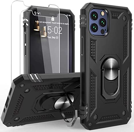 Profer Compatible with iPhone 12 Mini case[5.4 inch] with Screen Protector Magnetic Ring Stand Kickstand Bumper Shockproof Armor Heavy Duty Military Grade Hard Phone Protective Case Black