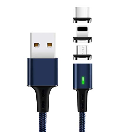 Magnetic Data Charging Cable,i-Product   Micro Type C USB Cable,Mantis 3 in 1 Data Sync Phone Charger,3.3 Feet Nylon Braided Cord with LED Indicator 3 Adapters for Smartphones and Tablets (Blue)