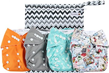 Anmababy 4 Pack Adjustable Size Waterproof Washable Pocket Cloth Diapers with 4 Inserts and Wet Bag