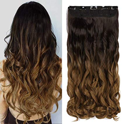 Neverland Beauty 24"Synthetic Curly Two Tone Ombre Hairpiece Hair Extensions 3/4 Full Head Clip Warm Undertone Browns