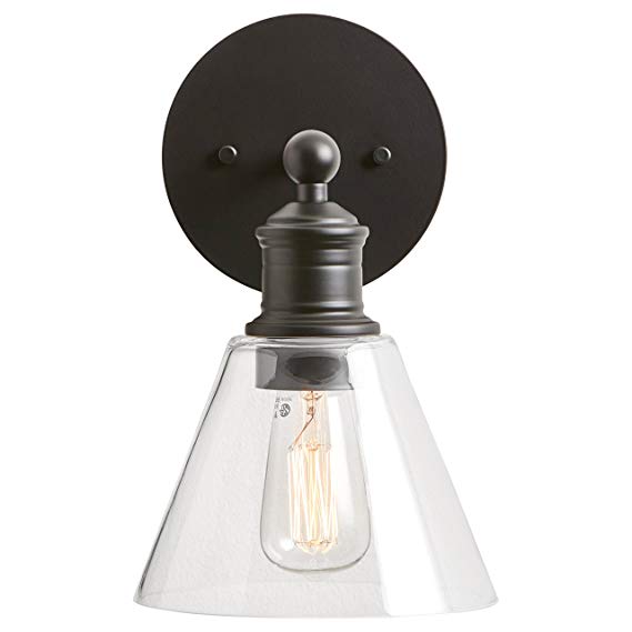 Rivet Industrial Wall Sconce, 10.75"H, With Bulb, Matte Black with Glass Shade