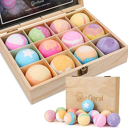 efloral 12pcs Bath Bombs Gift Set Retro Wooden Box | 4.2oz Natural Fizzy Spa moisturizes dry skin | Mixed Color Large Organic Relaxation Bubble Bath