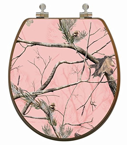 TOPSEAT 6TSPR2161CP 999 3D Upland Series "Realtree Pink Camo" Round Toilet Seat with Chromed Metal Hinges, Wood Finish
