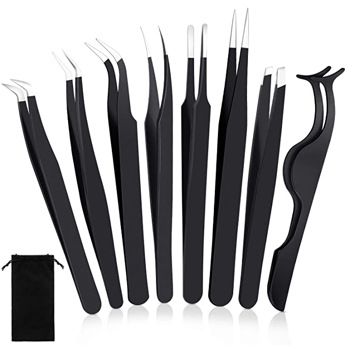 8 Pieces Eyelash Extension Tweezers Set Straight and Curved Tip False Lash Tweezers Eyelash Applicator Tool Stainless Steel Precision Tweezers for Eyelash Extension with Velvet Bag (Black)