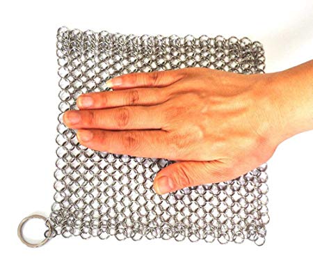 BroilPro Cast Iron Cleaner XL 7x7 Premium Stainless Steel Chainmail Scrubber with Clean Cloth