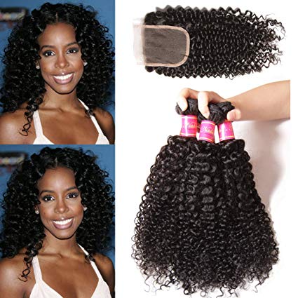 Nadula 8A Unprocessed Brazilian Curly Virgin Human Hair with Free Part Lace Closure Pack of 4 Remy Human Hair Natural Color (12 14 16 10closure)