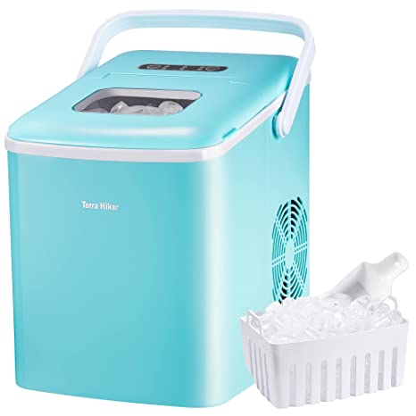 Terra Hiker Ice Maker for Countertop with Handle, 9 Ice Cubes Ready in 6 Minutes, 28.7 lbs Ice in 24 Hours, No Water Line and Drain Line Required, Home Ice Machine for RV, Apartments and Dorms