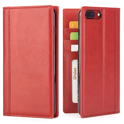 iPhone 8 Plus Case, iPhone 7 Plus Case -- iPulse Genuine Italian Full Grain Leather Handmade Flip Wallet Case For iPhone 7 Plus and iPhone 8 Plus ( 5.5 inches) For Women - Red