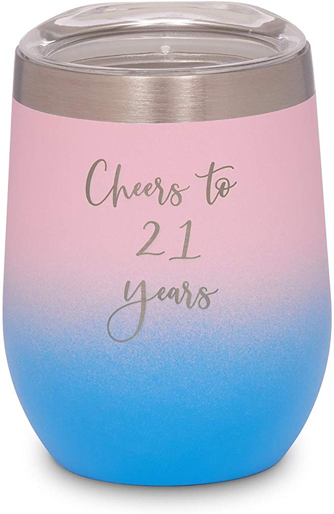 21st Birthday Gift for Her, Cheers to 21 Years Stainless Steel Insulated Tumbler 12 oz Pretty Pink & Blue Color in Cute Matching Cylinder Gift Box Best Gift for Women Girls Age 21, Morning Sky Designs