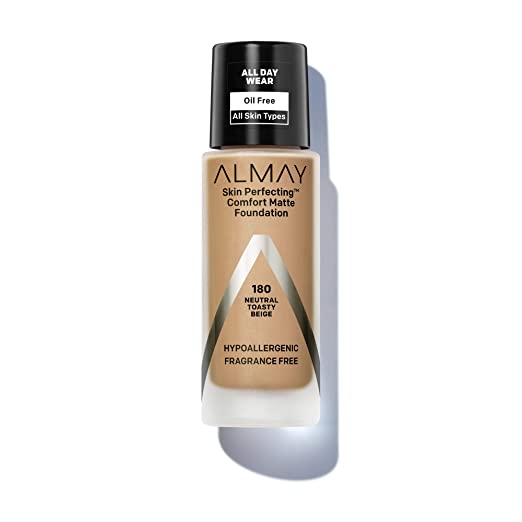 Almay Skin Perfecting Comfort Matte Foundation, Hypoallergenic, Cruelty Free, -Fragrance-Free, Dermatologist Tested Liquid Makeup, Neutral Toasty Beige, 1 Fluid Ounce