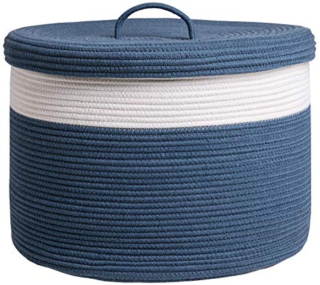 20" x 20" x 15" Extra Large Storage Basket with Lid, Cotton Rope Storage Baskets, Laundry Hamper, Toy Bin, for Toys Blankets Pillows Storage in Living Room Baby Nursery, Basket with Cover Dark Blue
