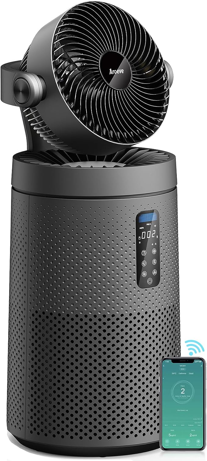 AROEVE Air Purifiers for Home Large Room With Air Circulator Fan System And Smart WIFI True H13 HEPA Oscillating Air Purifier Fan With Washable Filter For Indoors Whole Home, MK08W - Space Gray