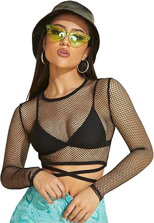 Milumia Women's Sheer Fishnet Mesh Crisscross Tie Long Sleeve Crop Tee Tops