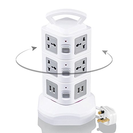 GLCON Vertical Power Strip, Rotatable 4 USB Ports, 10 Way Outlets, 3M Retractable Extension Cord Lead, Multi Surge Protector Tower with Overload Protection, Individual Switch, UK Plug and Universal Socket( White&Grey)