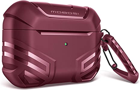 MOBOSI Vanguard Armor Series Military AirPods Pro Case, Full-Body Hard Shell Protective Cover Case Skin with Keychain for AirPod Pro 2019, Burgundy [Front LED Visible]