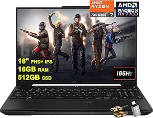 ASUS TUF Gaming A16 Laptop 16" FHD+ 165Hz 7ms 100% sRGB AMD Octa-core Ryzen 7 7735HS 16GB RAM 512GB SSD Radeon RX 7700S 8GB (&gt;RTX4060) Backlit USB-C USB4 Fast Charging Win11 Black w/ICP Accessories