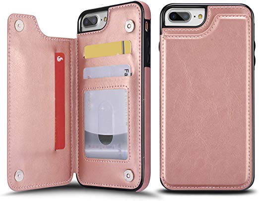 UEEBAI Case for iPhone 6 Plus 6S Plus, Luxury PU Leather Case with [Two Magnetic Clasp] [Card Slots] Stand Function Practical Soft TPU Case Back Wallet Flip Cover for iPhone 6 Plus/6S Plus -Rose Gold