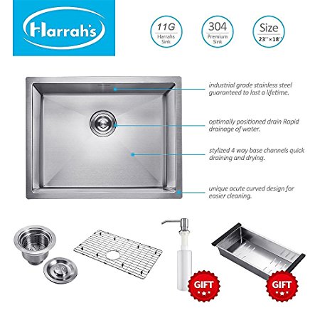 Harrahs 23 Inch Kitchen Sink 23*18.3*10 Inch 11-gauge Lips Easy Drain Stainless Steel Single Bowl with Solid Bottom Grid, Vegetable Basket, Soap Dispenser and Sink Strainer Bar Undermount
