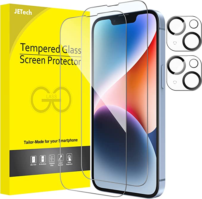 JETech Full Coverage Screen Protector for iPhone 14 Plus 6.7-Inch with Camera Lens Protector, Tempered Glass Film, HD Clear, 2-Pack Each