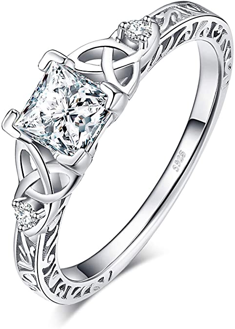 JewelryPalace Vintage Love Engagement Rings for Women, 14K Gold Plated 925 Sterling Silver Cubic Zirconia Promise Rings for Her, Anniversary Celtic Knot Princess Cut Solitaire Simulated Diamond Ring …