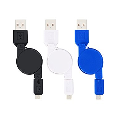 Micro USB Retractable Cable, BestElec Premium 3-Pack High Speed 2.5ft USB 2.0 A Male to Micro B Sync & Charge Cable for Android, Samsung, HTC and More (White, Black, Blue)