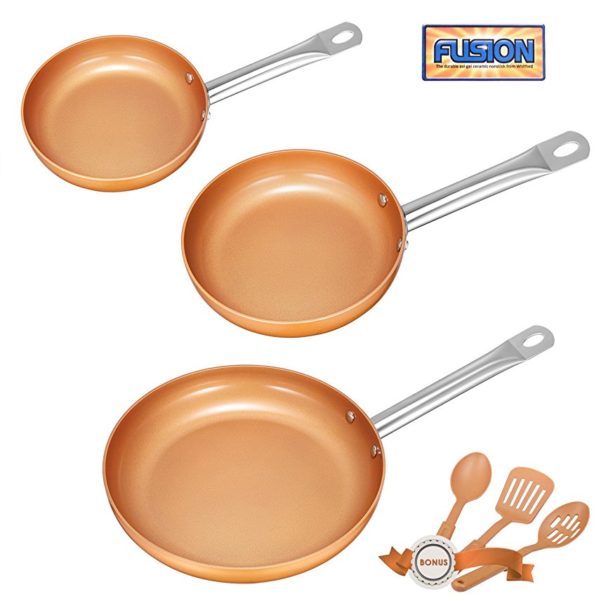 Frying Pan Set, Deik Nonstick Frying Pans, Copper Frying Pan Set of 3 with Stainless Steel Handle, Induction Friendly with Premium Non-Stick Coating