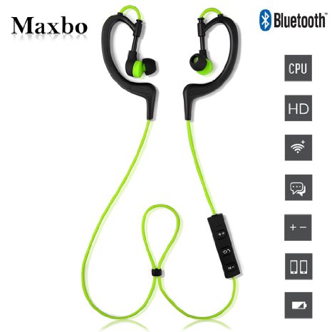 MAXBO® Bluetooth Headphone Wireless Stereo Gym Sport Noise Cancelling Headset with Microphone & Adjustable Ear Hooks for Apple Samsung HTC LG Sony Bluetooth Cell Phones/Devices (Green-2)