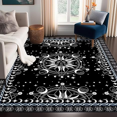 Sun and Moon Rug Boho Celestial Area Rugs for Bedroom Dorm Living Room Bohemian Occult Crescent Solar Stars Galaxy Floor Mat Pad Doormat Carpet,79" X 39",Black