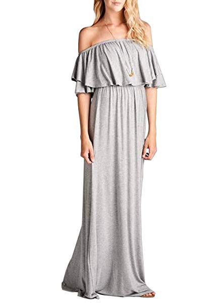 MIHOLL Womens Off The Shoulder Ruffle Party Dresses Maxi Casual Dress