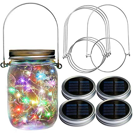 Homeleo 4-Pack 20 LED Color Changing Solar Mason Jar Lid Lights Wide Mouth with Stainless Steel Hangers for Front Yard Garden Summer Backyard Patio Outdoor Decor