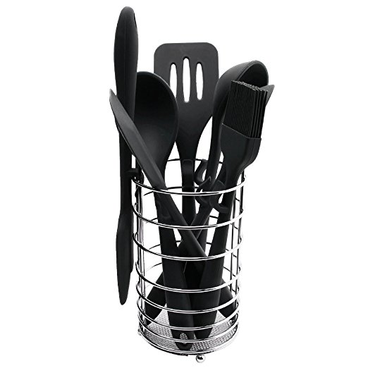 TTLIFE Silicone Spatula Utensil Kitchen Black 8 Pieces With Turner, Slotted spoon, Ladle, Spoon, Spoon Spatula, Spooula, Spatula, Basting brush and Utensil Holder