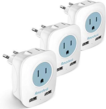 European plug adapter 3 Pack, Amzdest International Power Adapter with 2 USB& 2 AC Port, 4 in 1 Outlet Adapter for US to Most European Outlets Italy/Spain/France/Germany for High Power Appliances